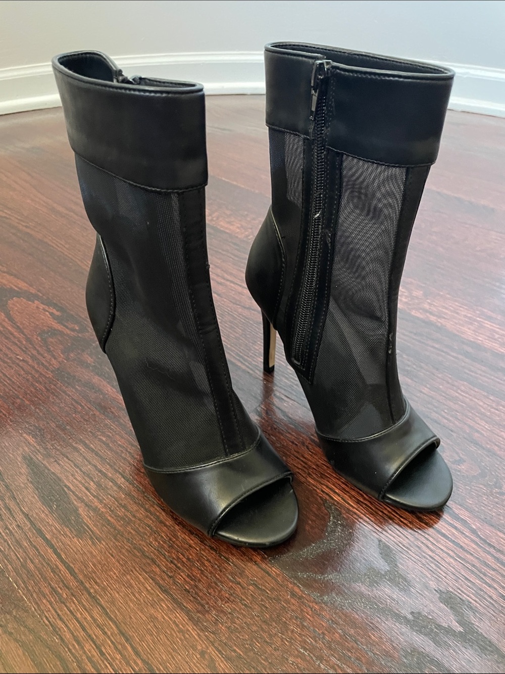Black Mesh Peep-Toe Stiletto Booties with Side Zip